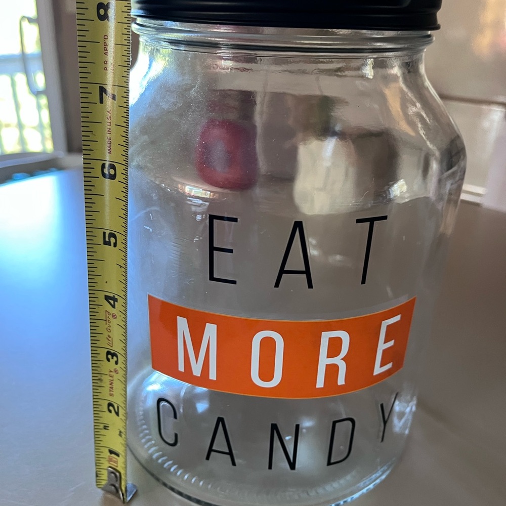 Glass Candy Jar with Black Lid and Orange Label